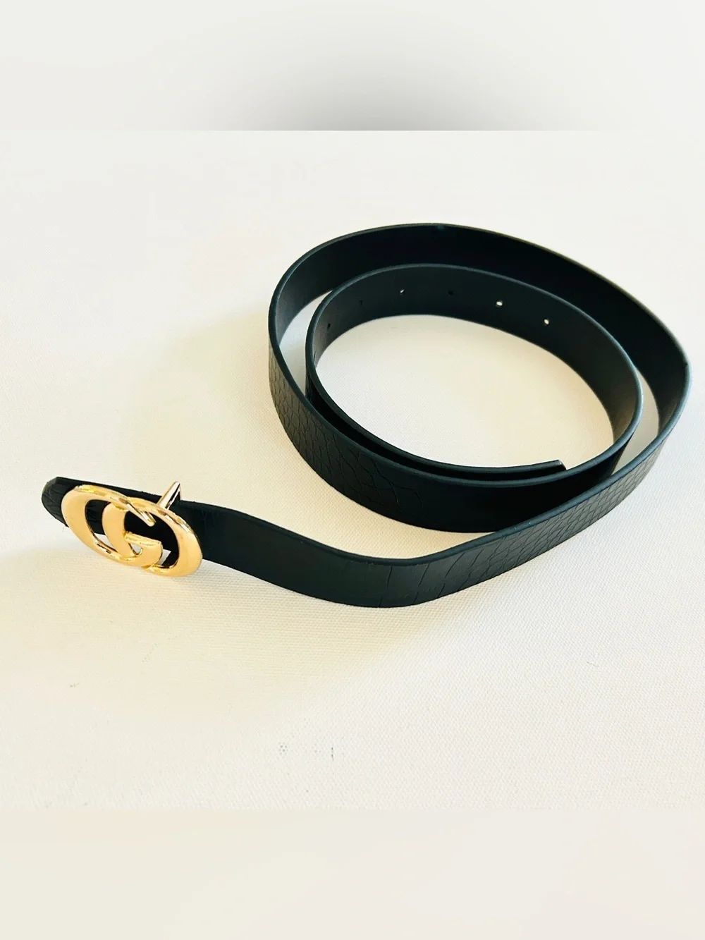 noir Black Textured Belt Gold GG Style Buckle L/XL 46” Minimalist Chic NWOT